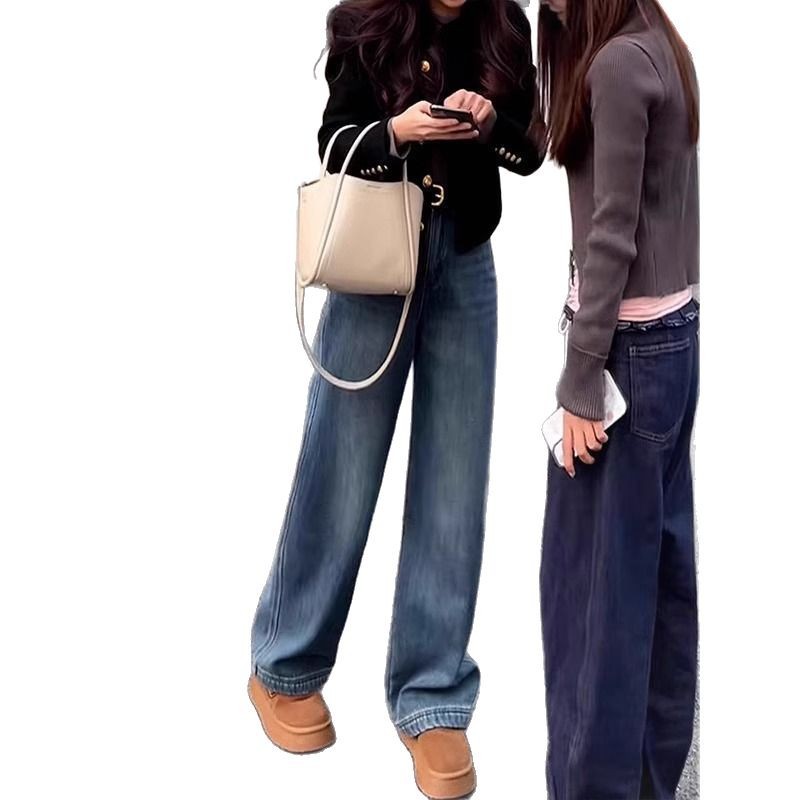 High Waist Wide Leg Jeans for Women Loose Fit Spring Fashion Blue Denim customizable