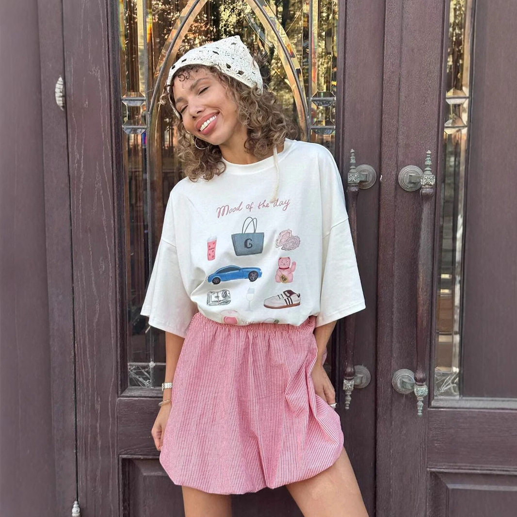 Womens Summer Loose Fit Cotton T Shirt Hand Painted Floral Print Casual Round Neck Short Sleeve Wholesale Available