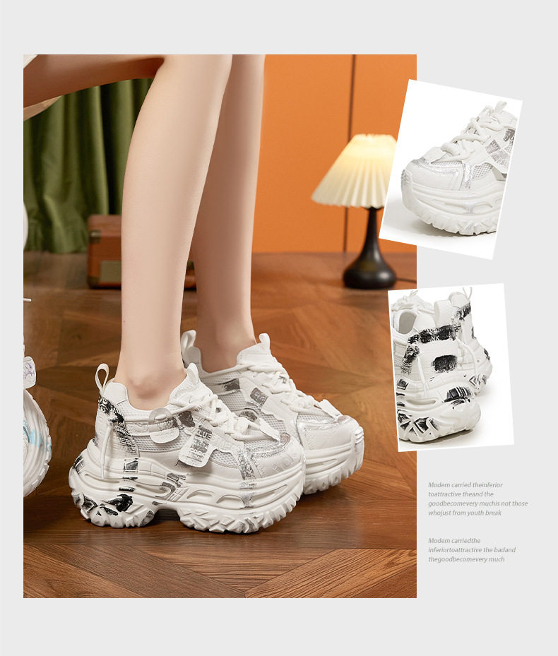 Giày thể thao nữ đế xuồng platform họa tiết graffiti, gót siêu cao 8 cm — Trắng lan, Xám xanh, Bạc chi tiết 3