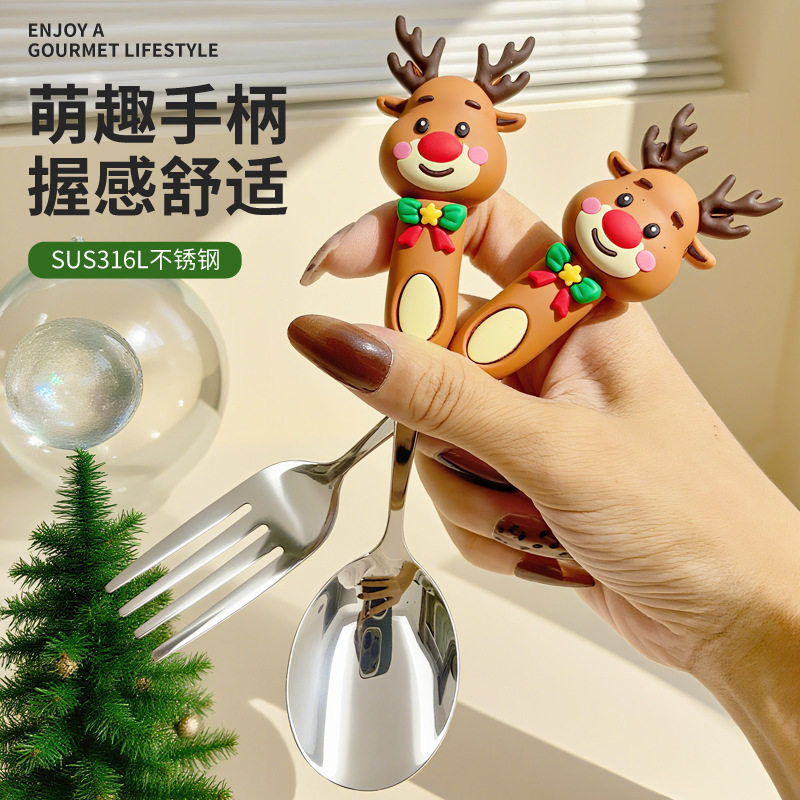 316L Christmas Spoon and Fork Creative Cartoon Santa Claus Elk Coffee Spoon Doll Dessert Spoon Fruit Fork Set