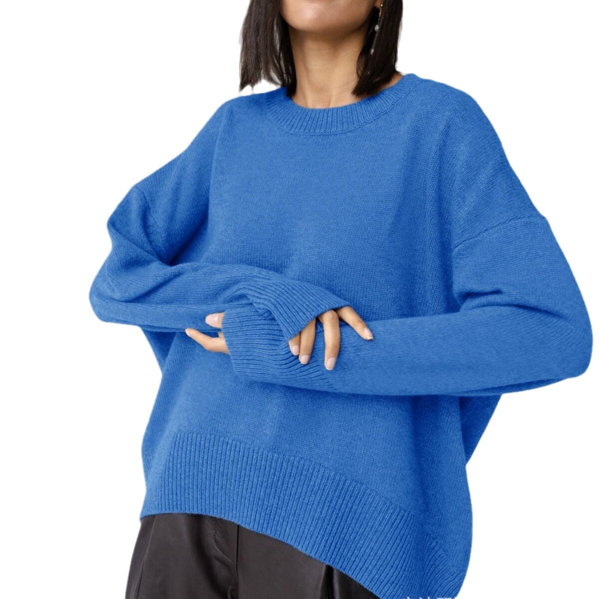Womens Knit Sweater Round Neck Loose Fit Solid Color Autumn Winter Fashion Wholesale Available