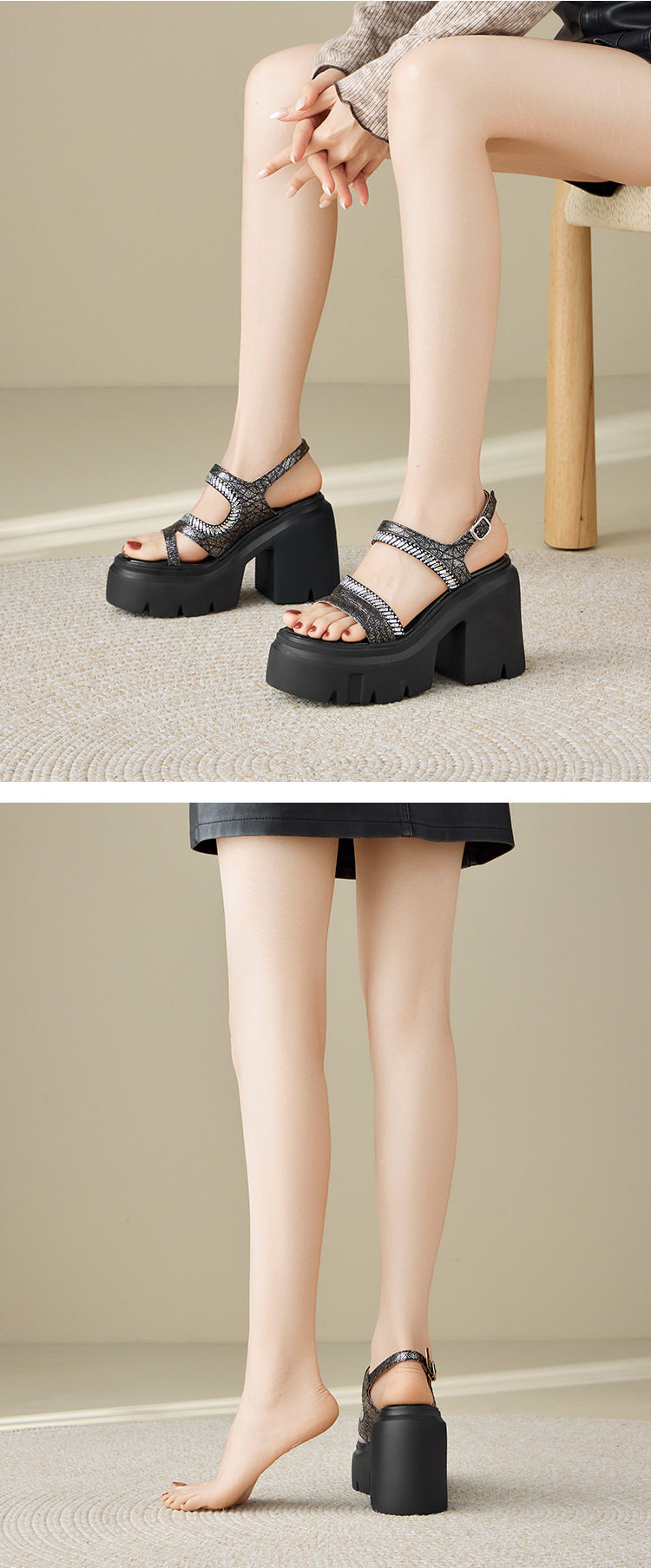 Sandal cao gót nữ hở mũi đế platform 12 cm, quai ngang đính đá — Xám, Áo khoác sáng, Bạc chi tiết 4