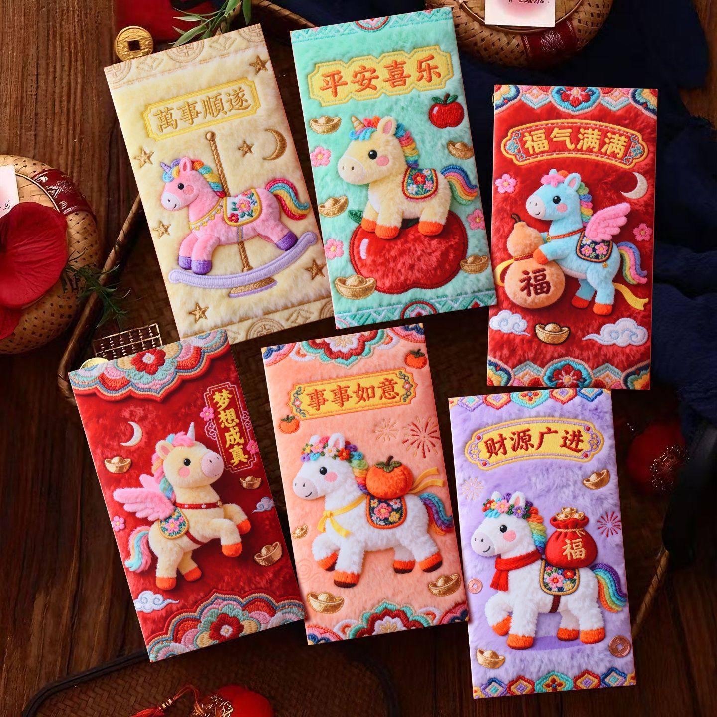 Tiktok Trending 2026 Year of the Horse Flat Embroidery Cartoon Lucky Horse Red Envelope Spring Festival Creative New Year Greeting Money Envelope