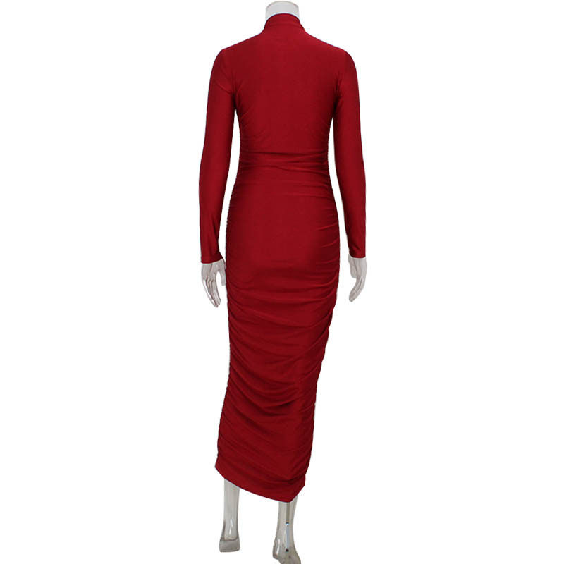 Vintage Red High Neck Long Sleeve Bodycon Maxi Dress for Women Elegant Fit Autumn Winter Style Wholesale Available