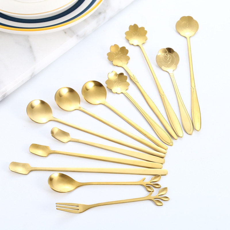 Stainless Steel Long Handle Sakura Spoon Golden Rose Spoon Accompanying Ceremony ins Tremella Spoon Stirring Square Head Spoon Leaf Spoon