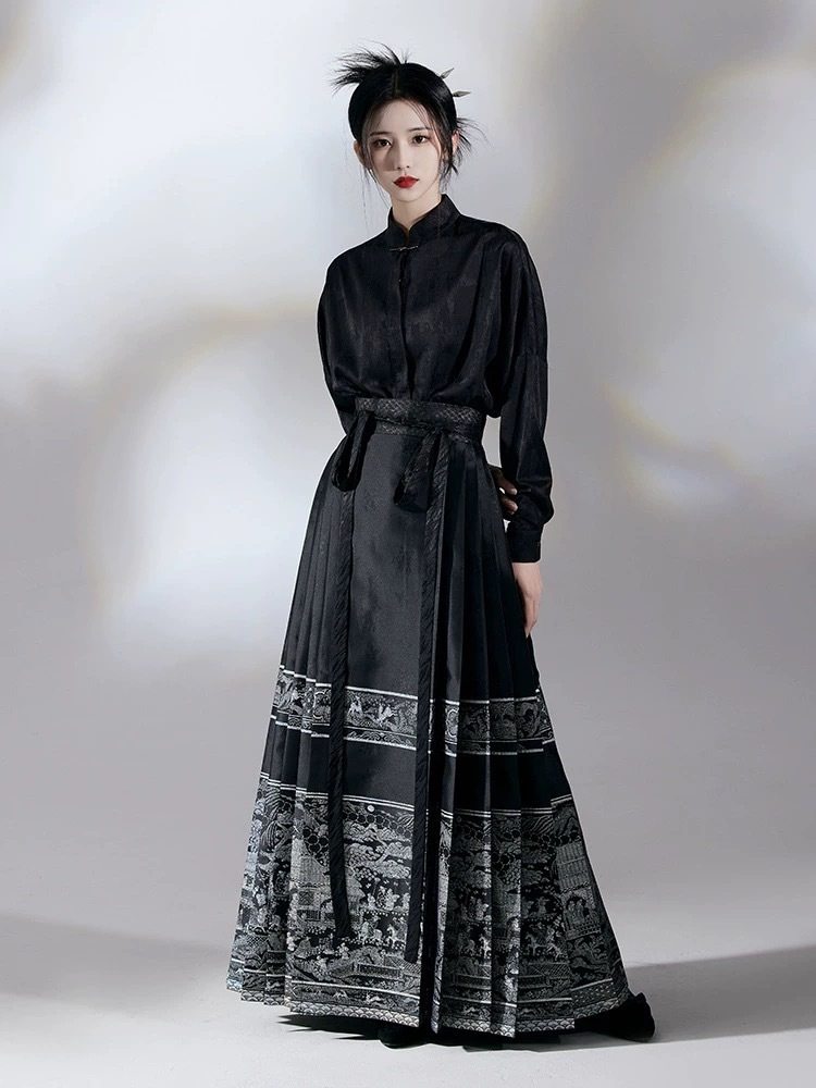 New Chinese Style Light National Style Horse Face Skirt Suit Women's Autum Style Long-Sleeved Top Half Skirt Two-Piece Set