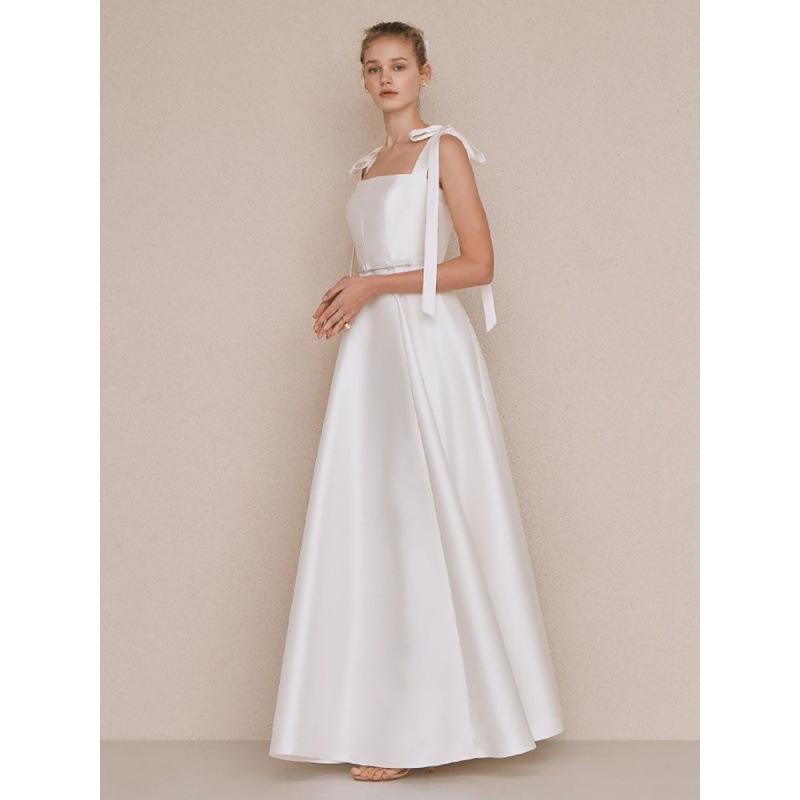 韩式轻婚纱旅拍缎面吊带方领简约级感主持人宴会气质晚礼服 - 图3