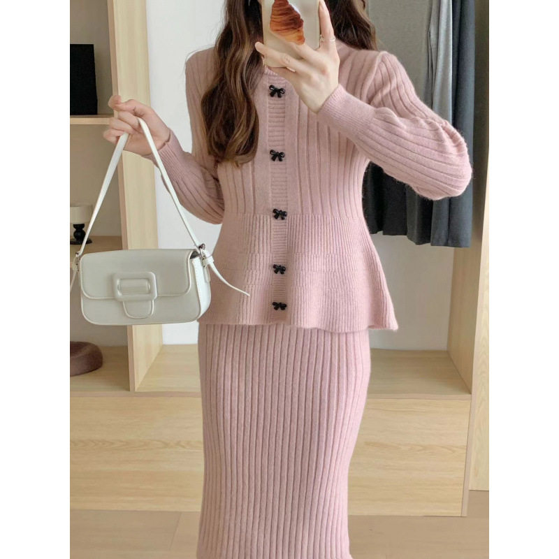 Autumn and Winter New Korean Style Fashionable Slimming Look Knitted Dress Suit Feminine Sweater Hip Skirt Two-Piece Set