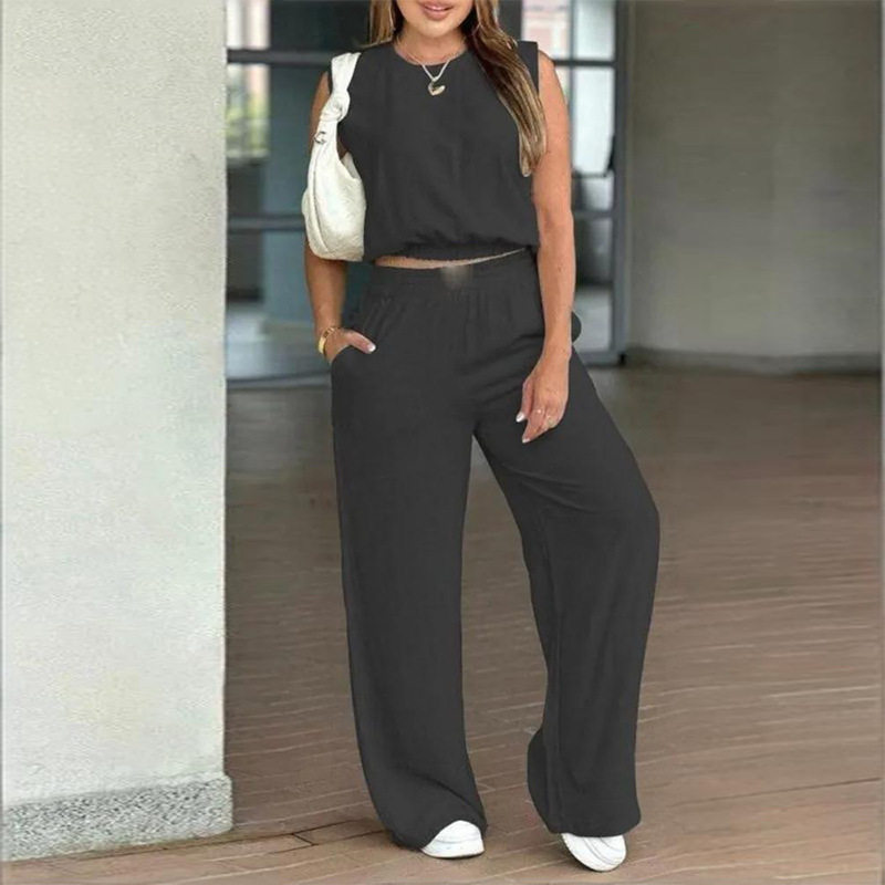 Womens Summer Outfit Set Sleeveless Top Straight Leg Pants Casual Style Perfect for Everyday Wear Wholesale