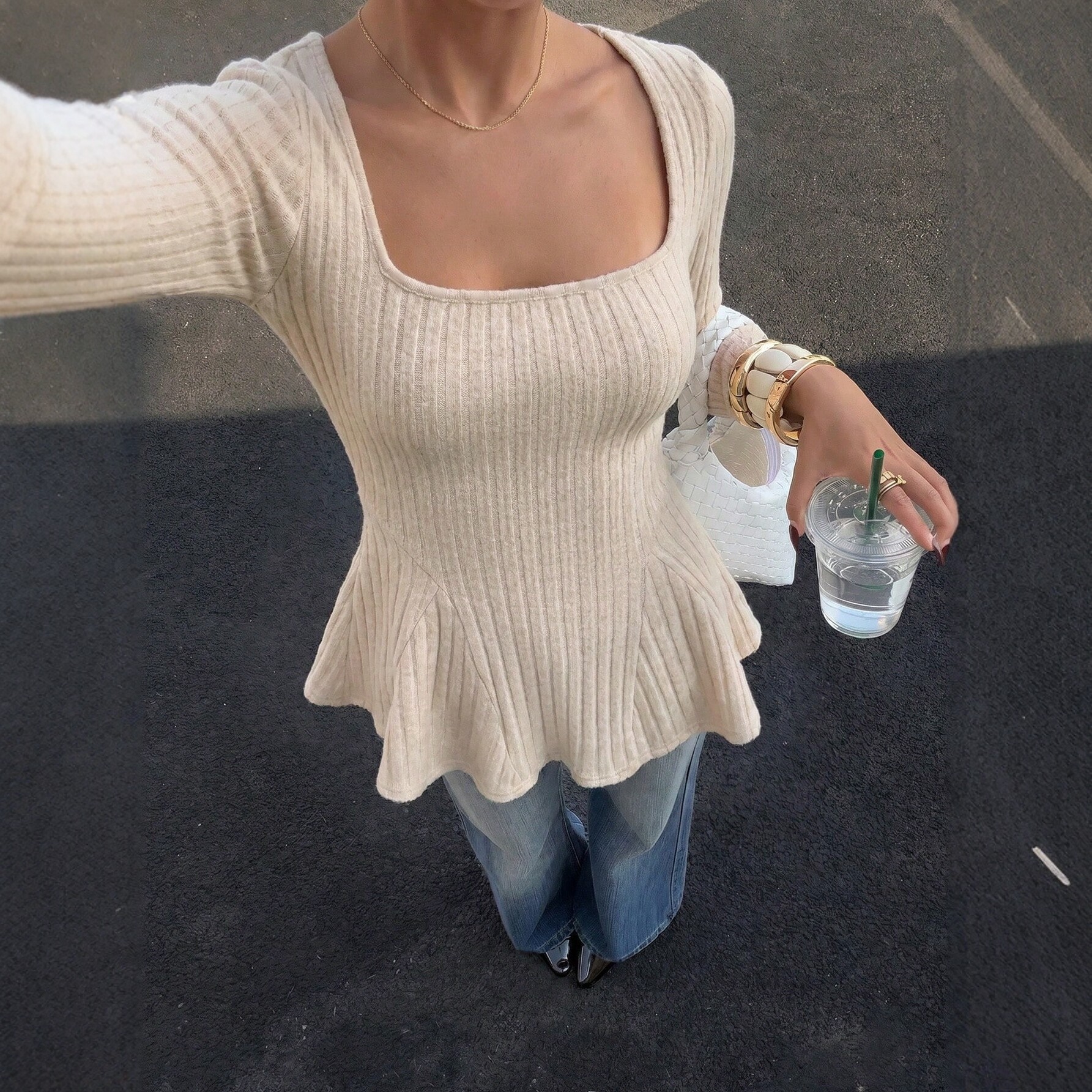 Womens Knit Top French Square Neck Long Sleeve Ruffled Hem Slim Fit Autumn Winter Casual Wear Wholesale Available