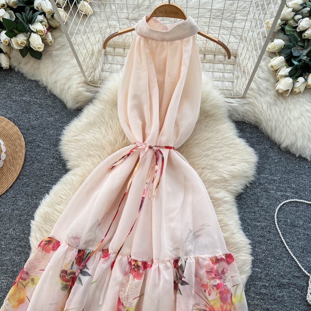 Floral Print Sleeveless Halter Dress High Waist A Line Silhouette Spring Summer Vacation Style Wholesale Available