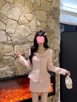 Rich Daughter Suit Autumn and Winter Small Fragrance Stereo Flower Waist Jacket + Short Skirt Socialite Two-Piece Set