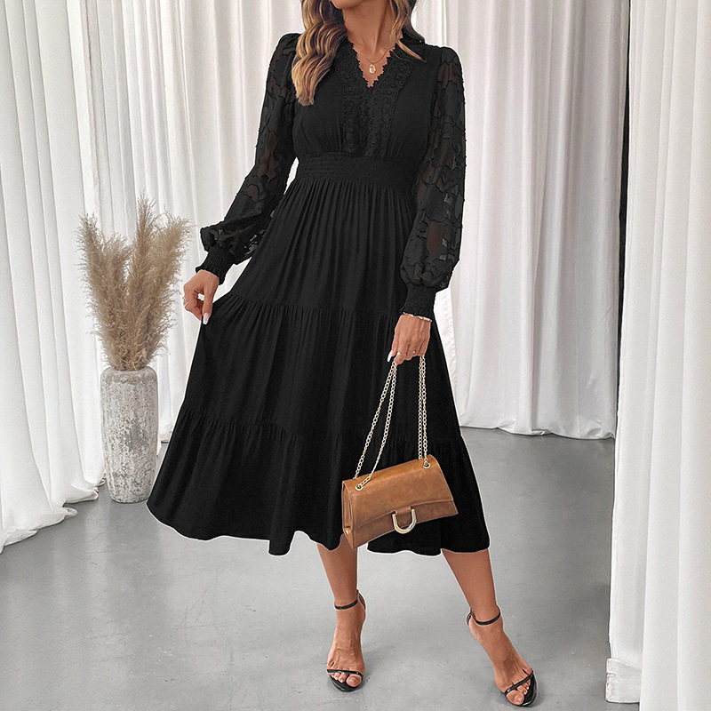 Elegant V Neck Lace Long Sleeve Dress Waist Defining Solid Color Perfect for Formal Events Wholesale Available
