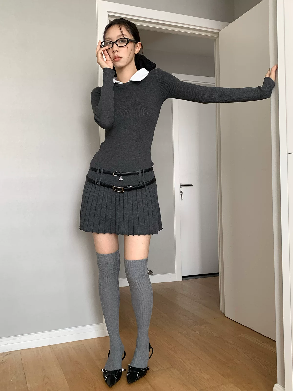 服饰 韩国时髦假两件衬衫领学院风修身拼接连衣裙百褶裙女
