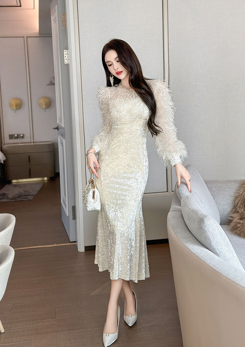 Đầm nữ dáng đuôi cá ôm eo tay phồng đính đá phối lông — Kem mơ, Hồng hoa hồng