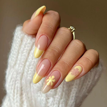 Cross-Border Best-Selling Wearable Nails, Simple Temperament, Goose Yellow Flower French Wearable Nails, Direct Patch Finished Products Wholesale