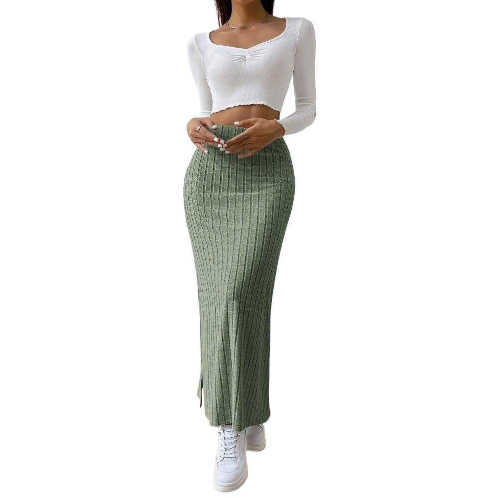 Elegant High Waisted Midi Skirt Simple Design Side Slit Slim Fit Spring Summer Womens Fashion Wholesale Available