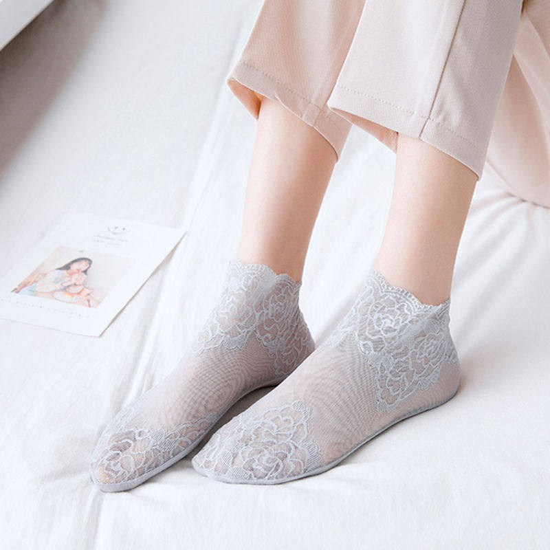 船袜女夏季薄款中筒蕾丝袜单鞋镂空百搭透气吸汗女士短袜夏天袜子