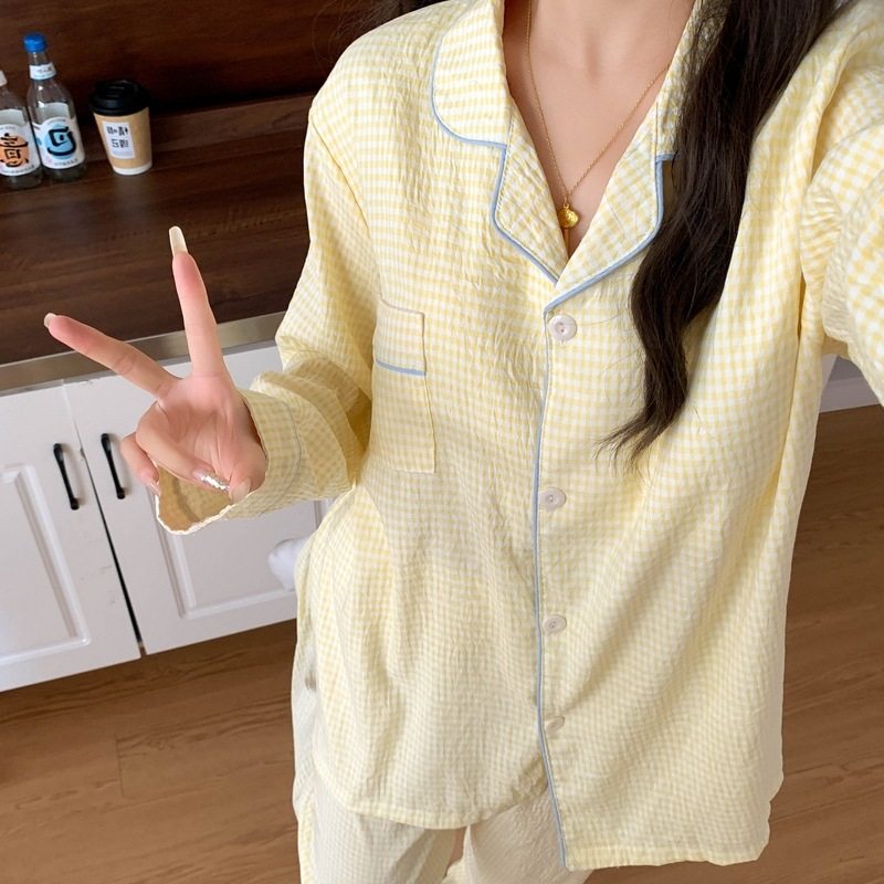 带胸垫大码睡衣女春秋季长袖甜美少女草莓条纹家居服套装现货跨境