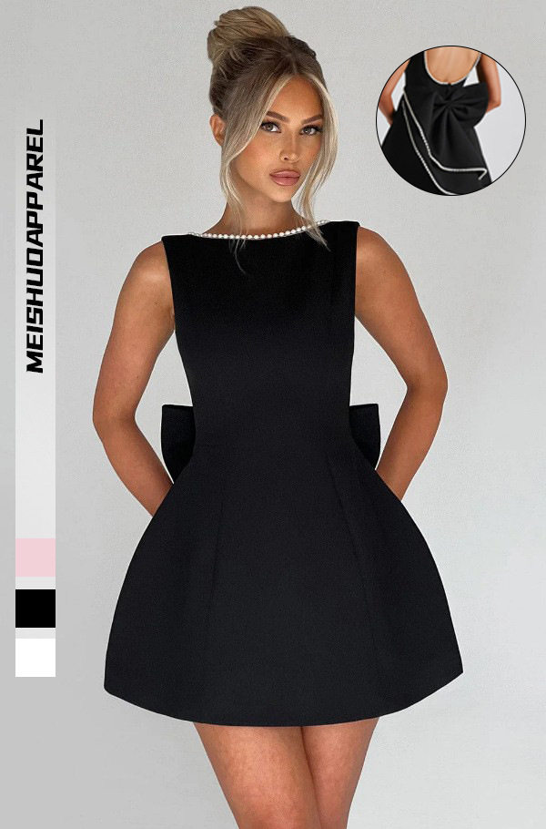 Summer Womens A Line Dress Pearl Bow Detail Slim Fit Backless Design Stylish Casual Wear for Parties Wholesale