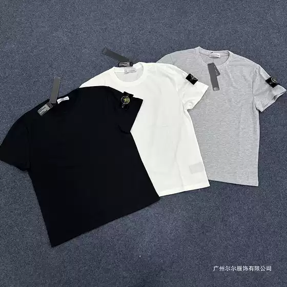 Stone Badge Embroidered Shirt for Men and Women, High-Quality Version, New Summer Short-Sleeve Trendy Casual Solid Color Round Neck Couple's 2001 Cotton