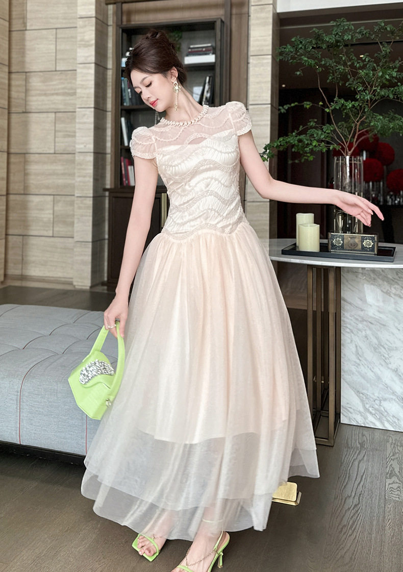 Đầm nữ ren lưới phối eo giả hai lớp xòe bồng tay ngắn — [Màu hồng đào] chi tiết 9