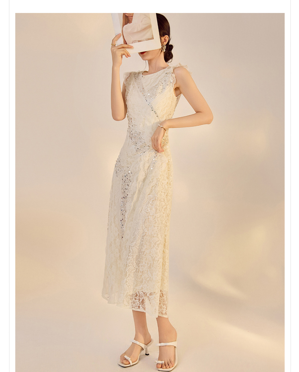 Đầm ren thêu đính cườm tay phồng cổ tròn dáng dài — Trắng nhạt (giao hàng trong 7 ngày), Trắng nhạt (giao hàng trong ngày)