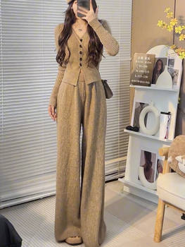 Lazy Style V-Neck Long-Sleeved Sweater + Slimming Look Wide-Leg Pants Two-Piece Set for Small People 2025 Autumn and Winter New Style Suit