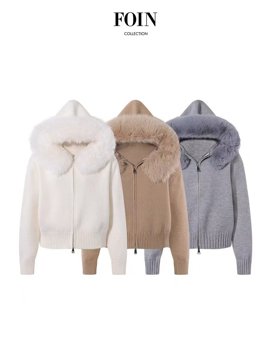 Cross-Border Autumn and Winter New Thickened Hooded Large Fur Collar Knitwear Tops and Jackets for Women Hooded Fashionable Versatile Jackets