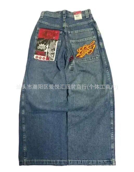 2024春秋季新款跨境美式潮牌复古水洗Y2K刺绣嘻哈图案男式牛仔裤