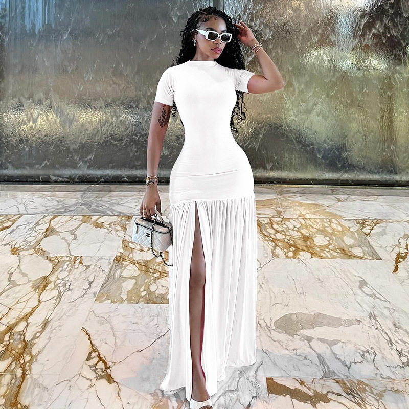Elegant Womens Midi Dress Round Neck Short Sleeve Bodycon Fit Pleated Color Block Casual or Evening Wear