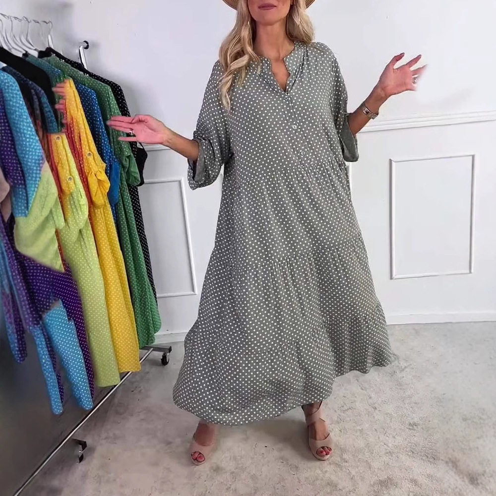 Summer Floral Print Button Up Polka Dot Dress Loose Fit Stand Collar Short Sleeve Casual Wear for Women OEM
