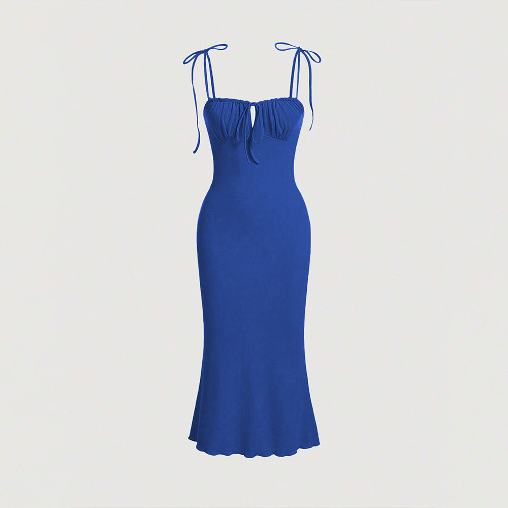 Bodycon Mermaid Maxi Dress Adjustable Drawstring Spaghetti Straps Elegant Fit Perfect for Vacations and Summer Events