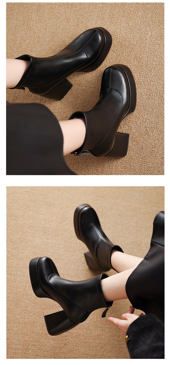 Boot nữ cổ thấp gót thô đế dày 10cm phong cách cá tính — Mặt da màu đen lót nhung, Mặt da màu đen một lớp bên trong, Màu đen da lộn một lớp bên trong, Màu đen mặt nhung lót trong