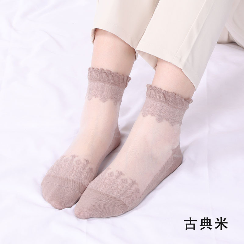 春季薄款中筒袜棉底玻璃丝袜子女蕾丝花边短款袜子防滑透气水晶袜