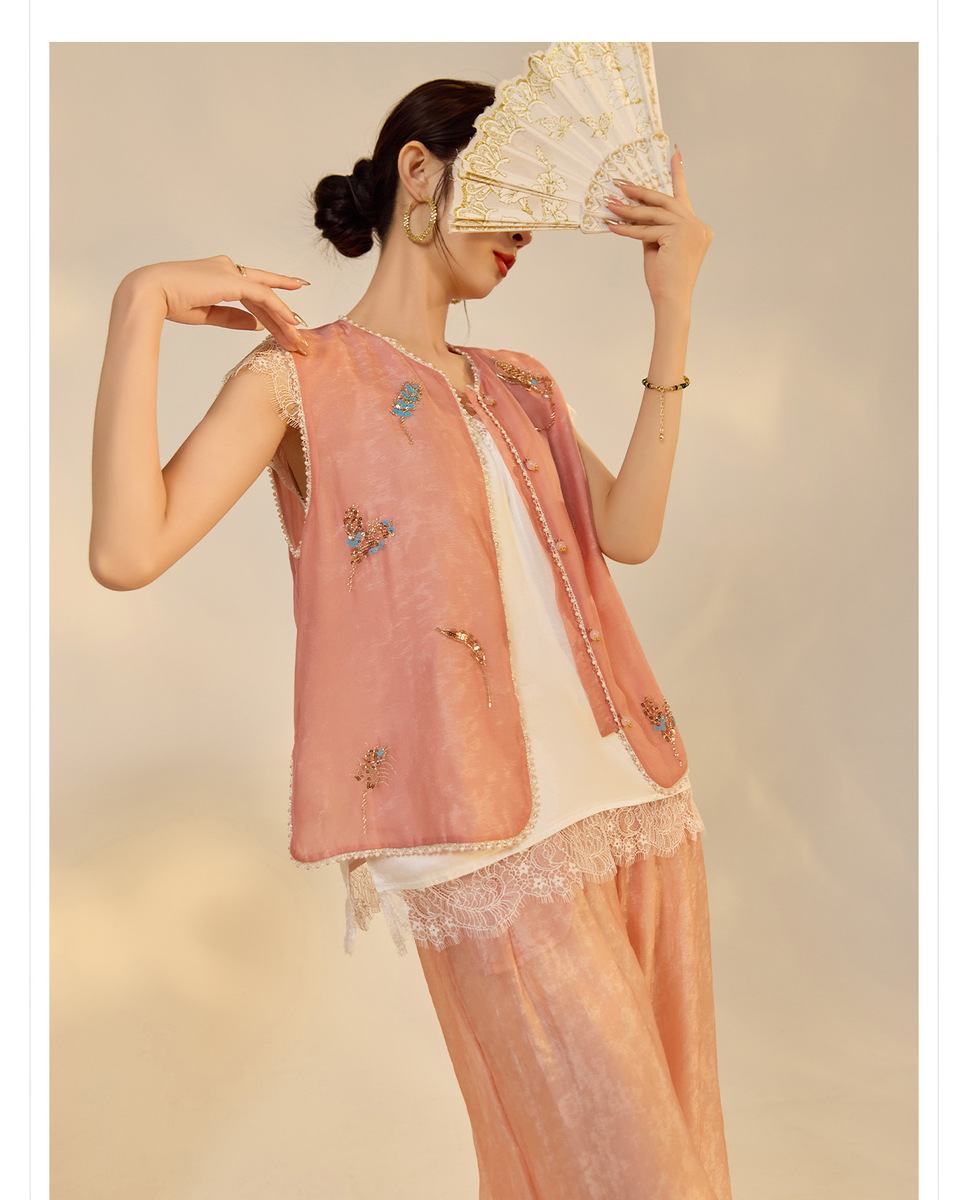 Set gile thêu đính cườm kèm quần dài nữ phong cách thanh lịch — Quần dài màu mơ, Quần dài màu xanh lục, Gi lê màu hồng, Gi lê màu xanh lục