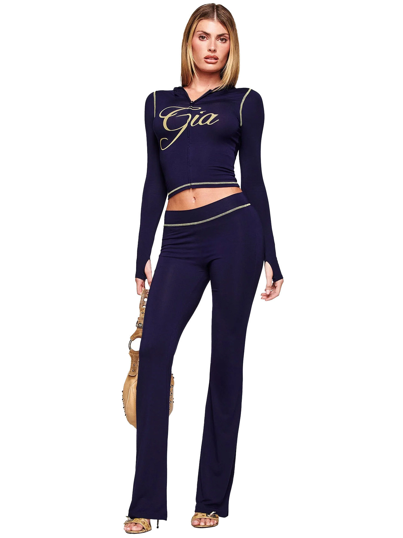 HR25071 欧美时尚女装跨境货源印花连帽长袖拇指扣微喇叭两件套装