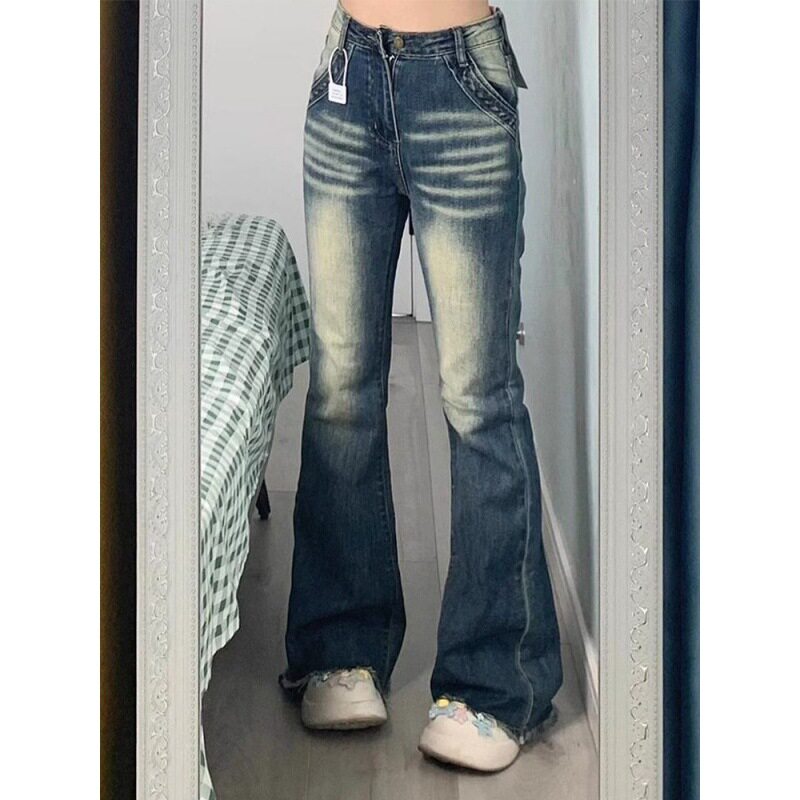 High Waisted Flared Jeans for Women Slim Fit Stretch Fabric Raw Hem Vintage Style Streetwear Wholesale Available