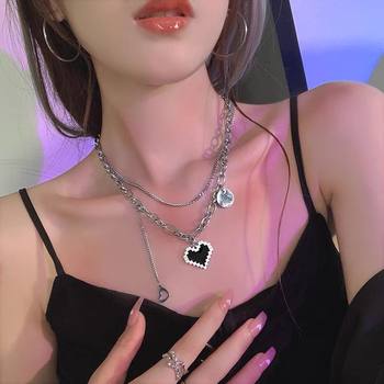 Light Luxury Niche Design Double Layer Stacked Black Love Necklace Women's All-Match Simple Letter Pendant Hip-Hop Clavicle Chain