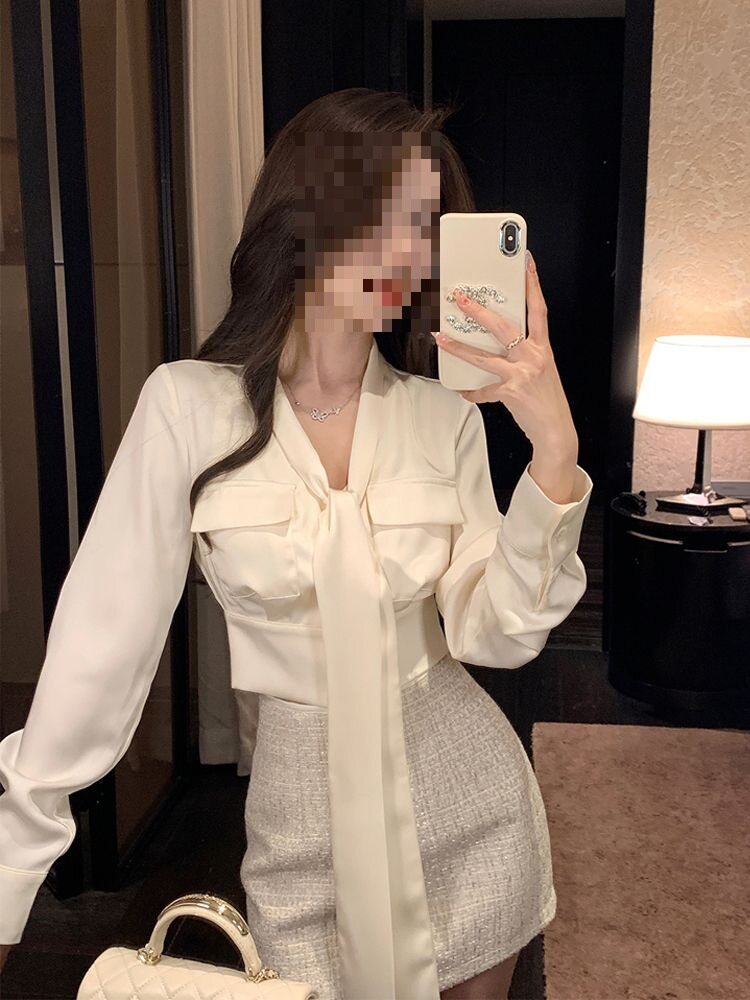 French Satin Suit for Women 2025 Spring & Fall New Elegant Bow Waist Shirt Hip-Covering Skirt Two-Piece Set