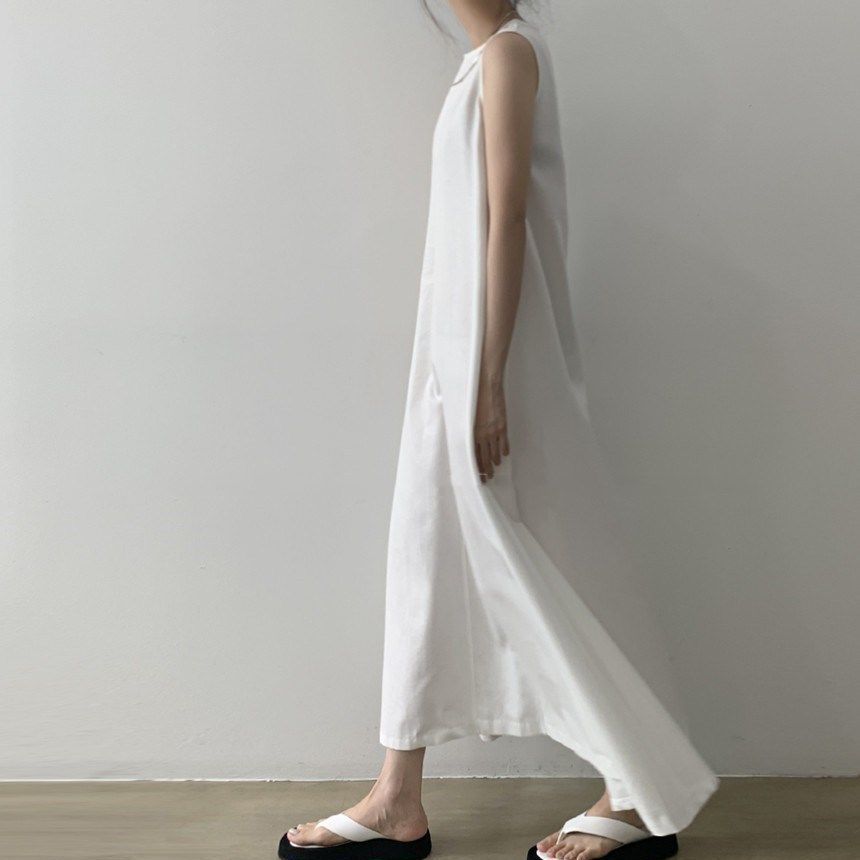 Summer Maxi Dress Loose Fit Round Neck Sleeveless Solid Color Casual Style for Everyday Wear Wholesale Available