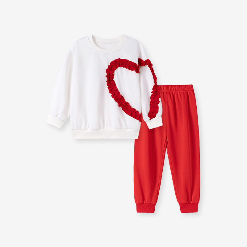 Girls' Cute Autumn Heart Set, Long-Sleeve Kids' Outfit