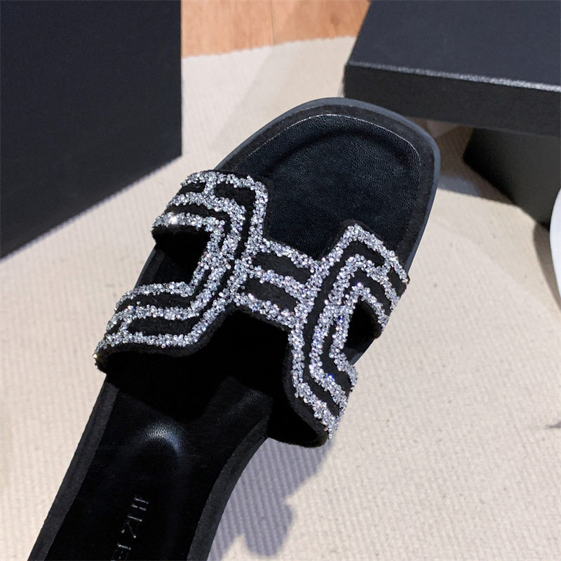 in stock and fast delivery New Rhinestone Flat Slippers Women's Summer Outfit Lazy Casual Thick Heel Cyber Celebrator Shoes