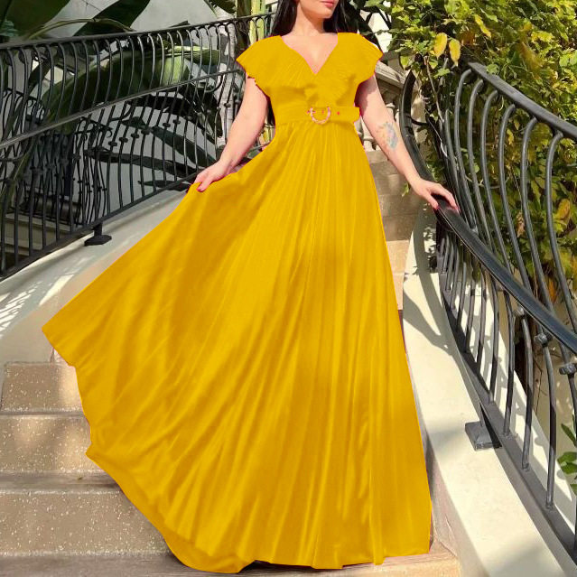 Plus Size Womens V Neck Solid Color Ruffled Hem Long Dress Elegant Pleated Design Perfect for Formal Occasions