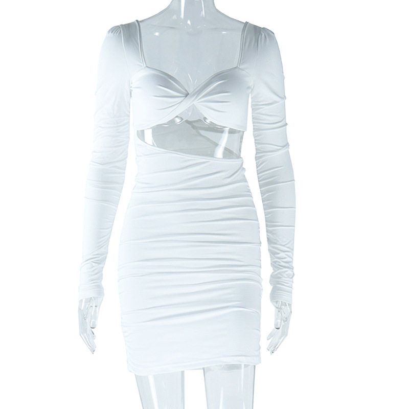 Long Sleeve Square Neck Bodycon Dress Solid Color Ruched Backless Slim Fit Stylish for Parties or Night Out