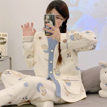 Pregnant Women's Pajamas Autumn and Winter Pregnancy Air Cotton Thickened Moon Clothes Spring and Autumn Postpartum Breastfeeding Clothes Adjustable