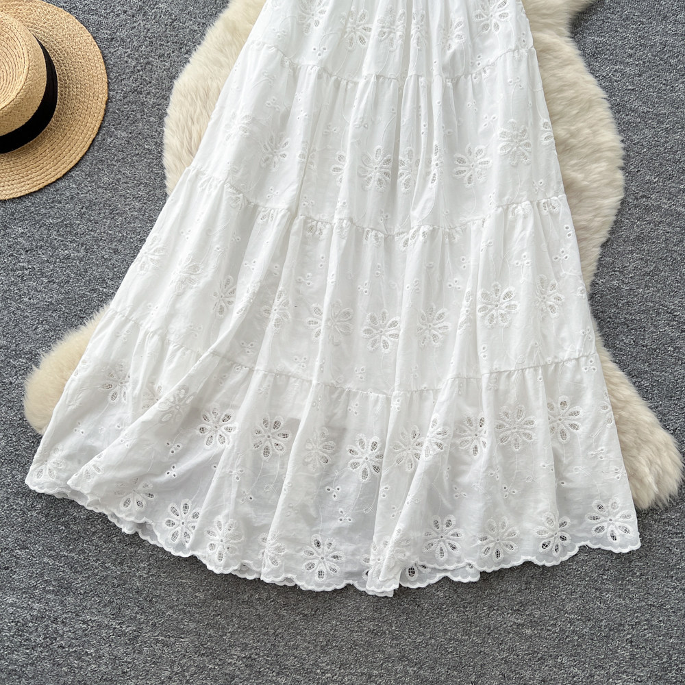 French Vacation Style V Neck White Hollow Lace Trim Maxi Dress for Women High Waist Slim Fit Elegant Summer Wear