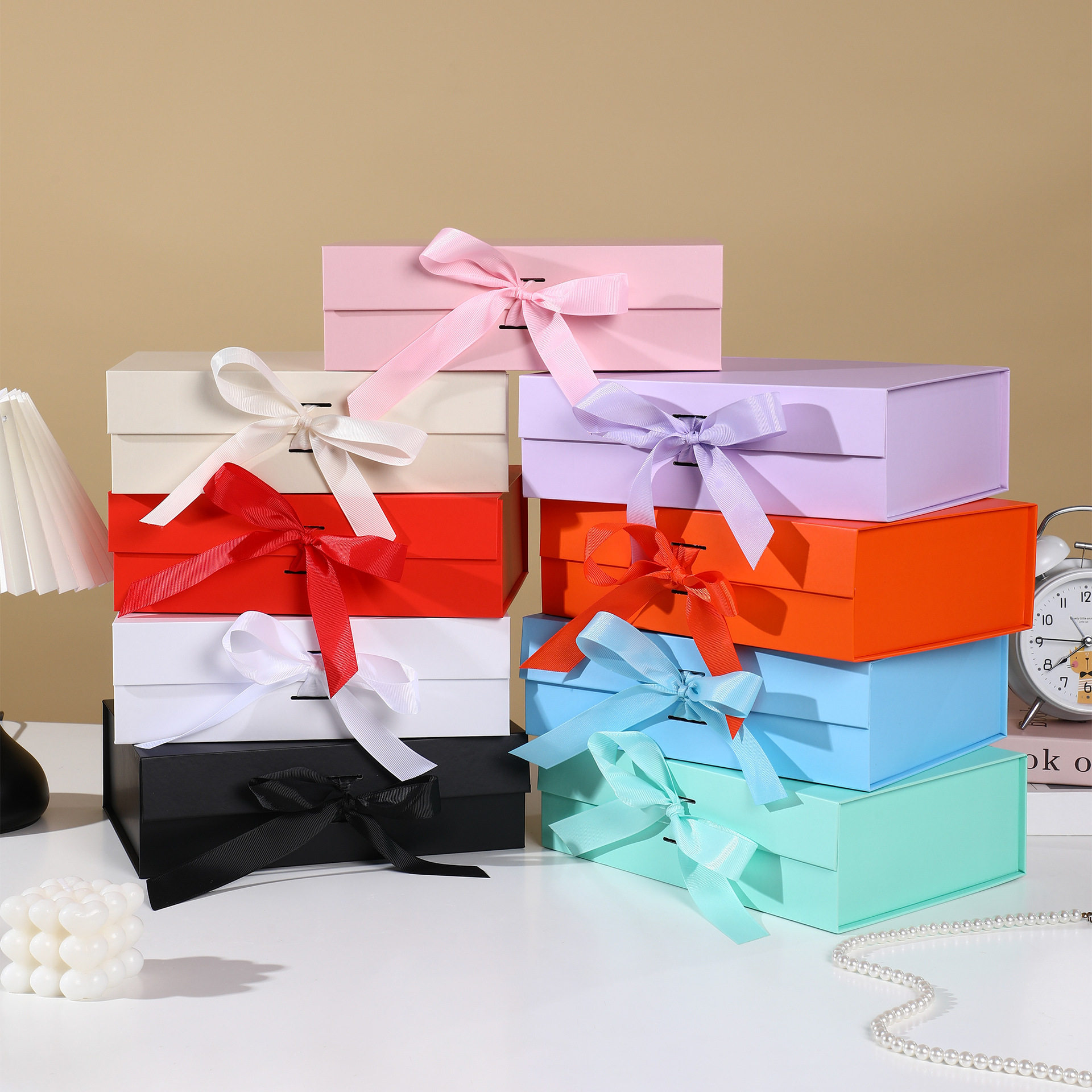 New Year Ribbon Folding Box Solid Color Cross-Border Flip-Top Box Exquisite Cosmetic Gift Box One-Piece Empty Box Manufacturer in Stock