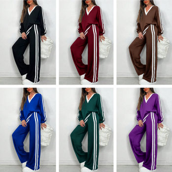 2025 Autumn and Winter European and American Cross-Border Fashion Casual V Neck Stripesd Pants Long-Sleeved New Round Neck Suit Women's Clothing