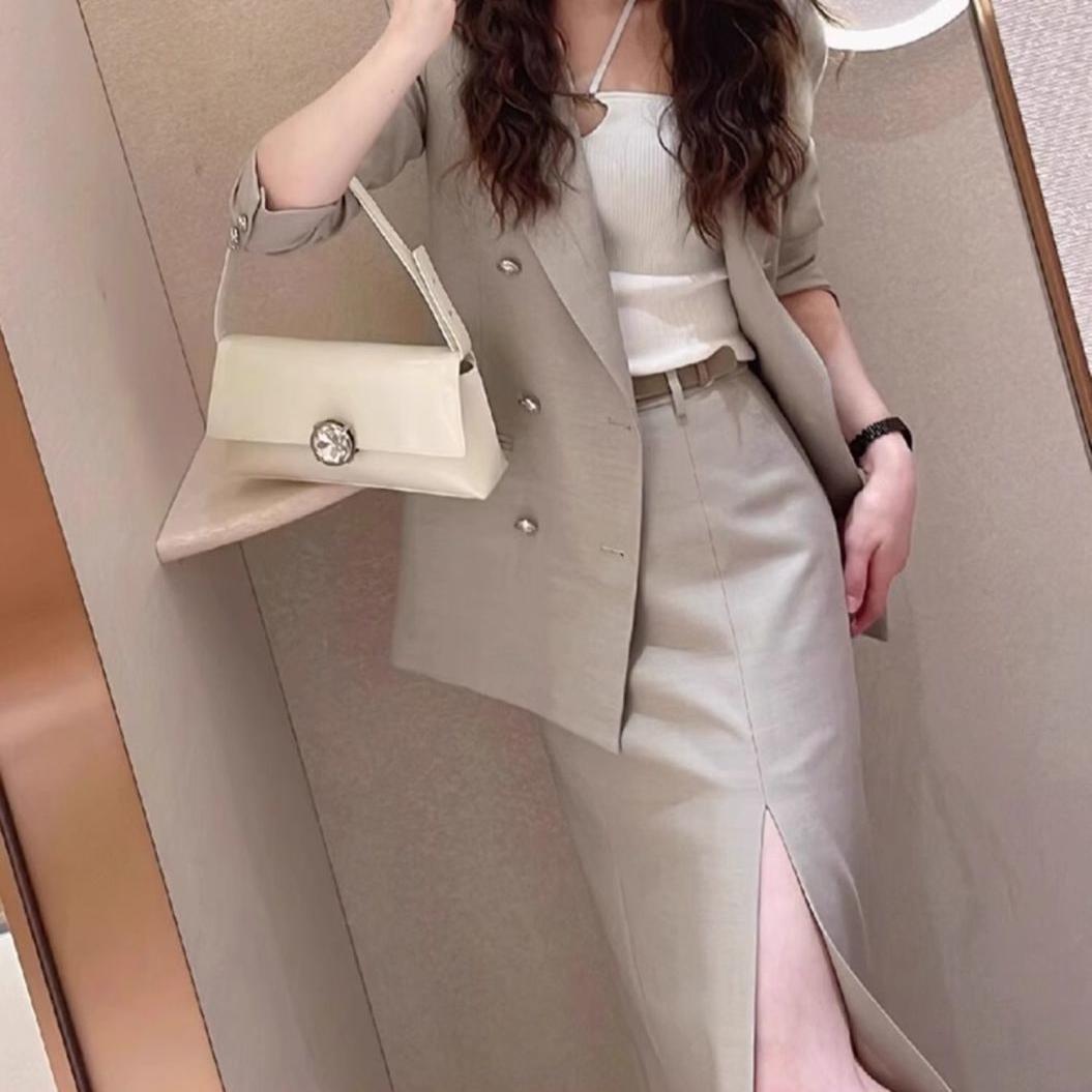 Chic Grey Blazer and Skirt Set Tailored Fit Elegant Style Professional Look Perfect for Spring Business Attire
